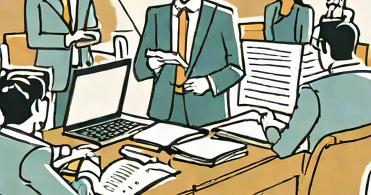 Business team gathered around table with documents and laptop
