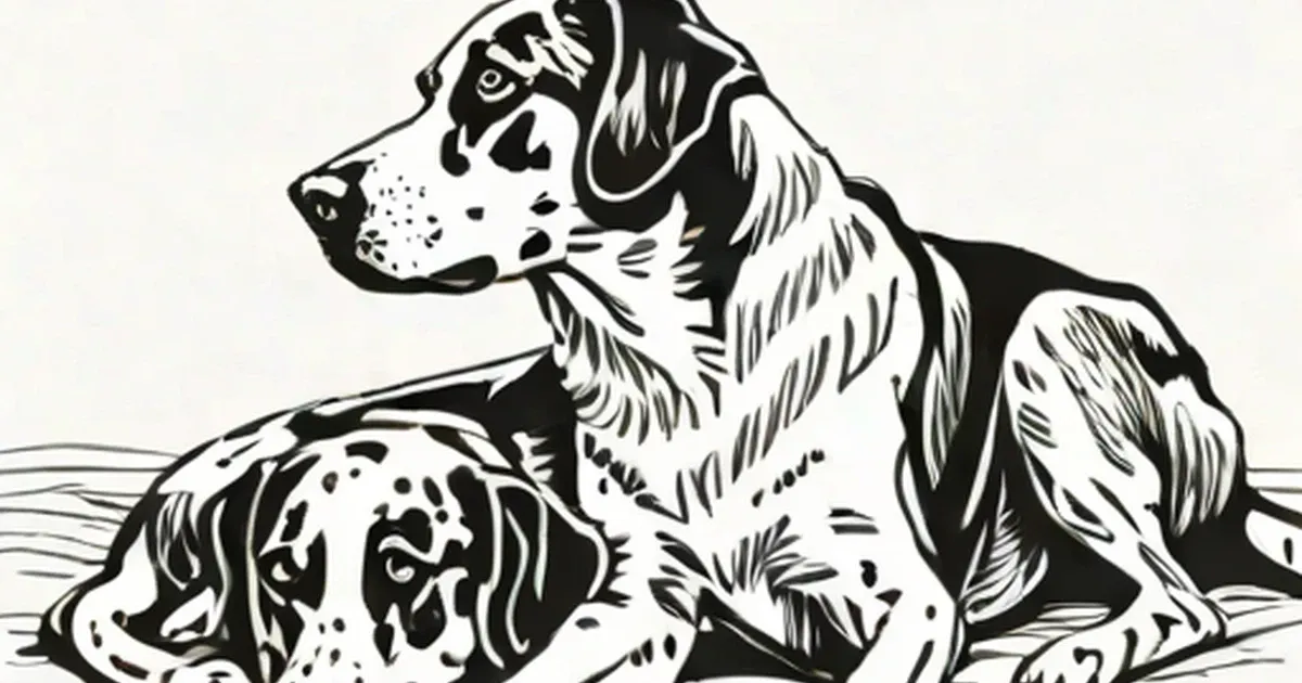 Two dogs resting together in a black and white illustration