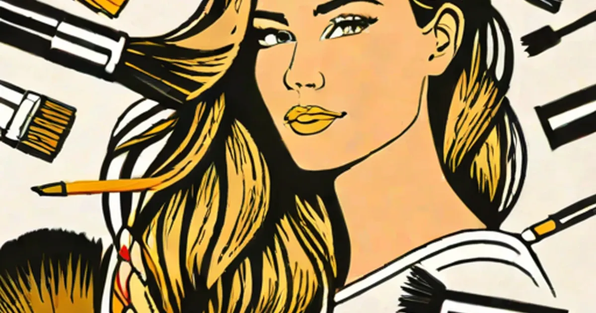 Illustration of a blonde woman surrounded by hairbrushes and styling combs