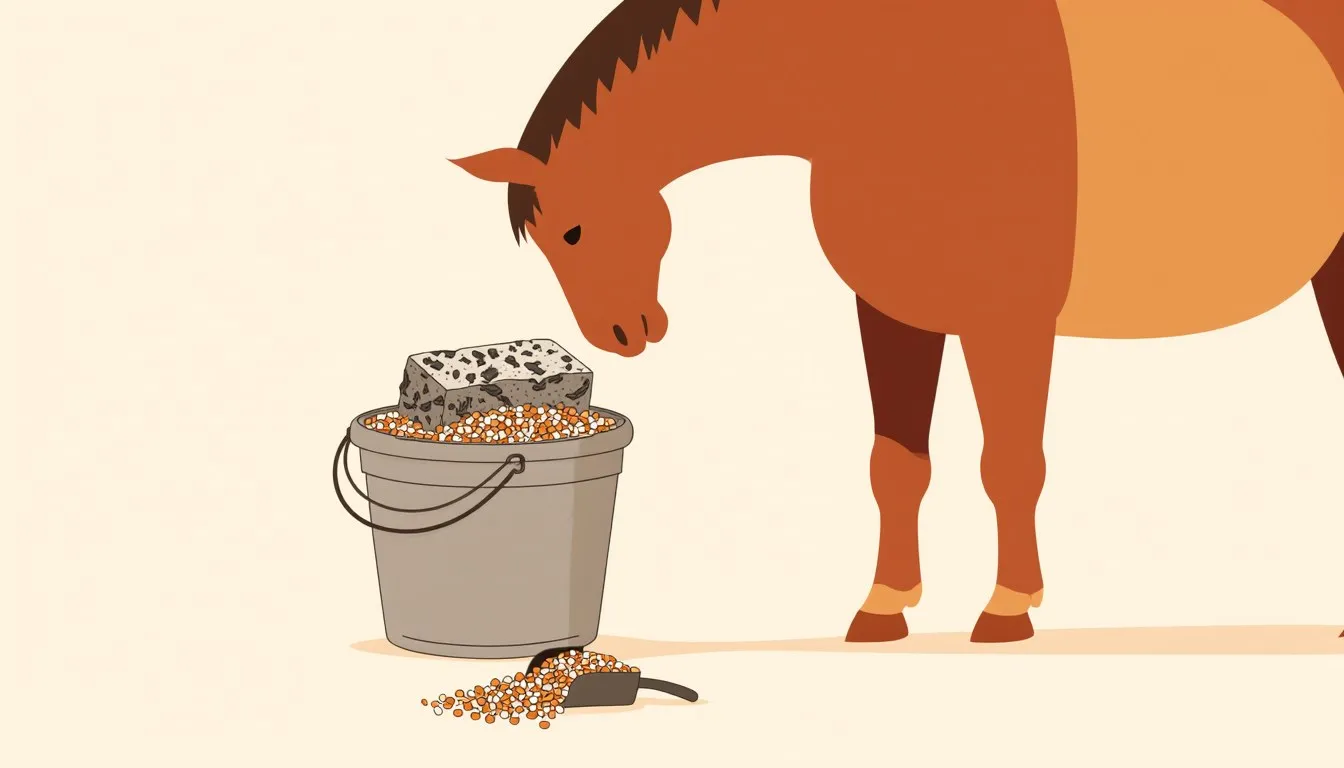 A horse lowering its head to a feed bucket holding a mineral block and supplement pellets