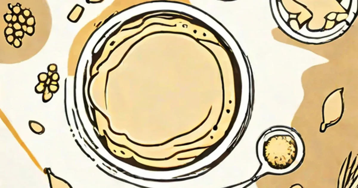Bowl of flour surrounded by illustrated wheat, garlic, and herbs