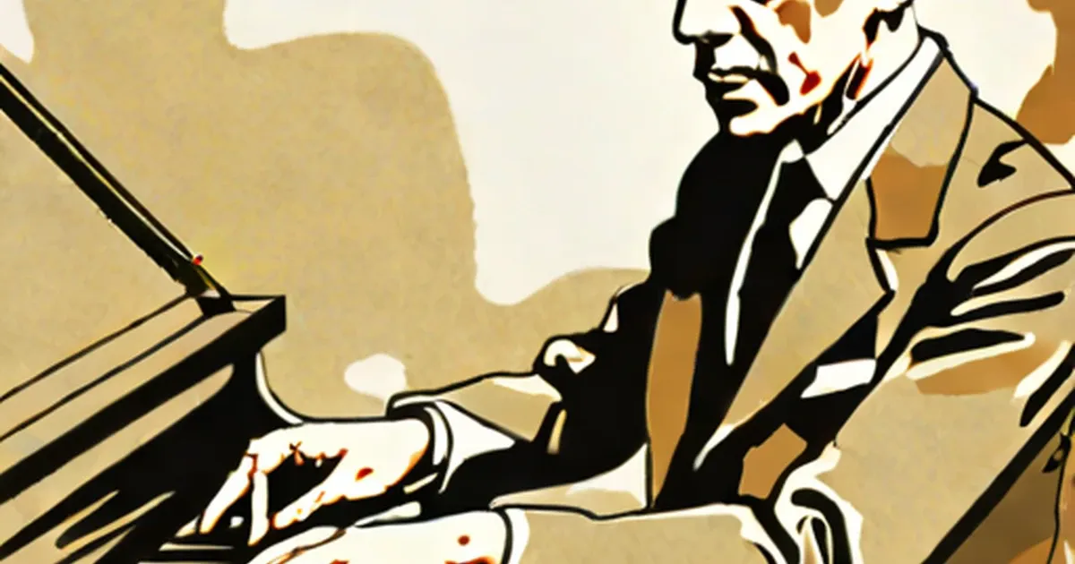 Vintage illustration of pianist Rachmaninov at the keyboard