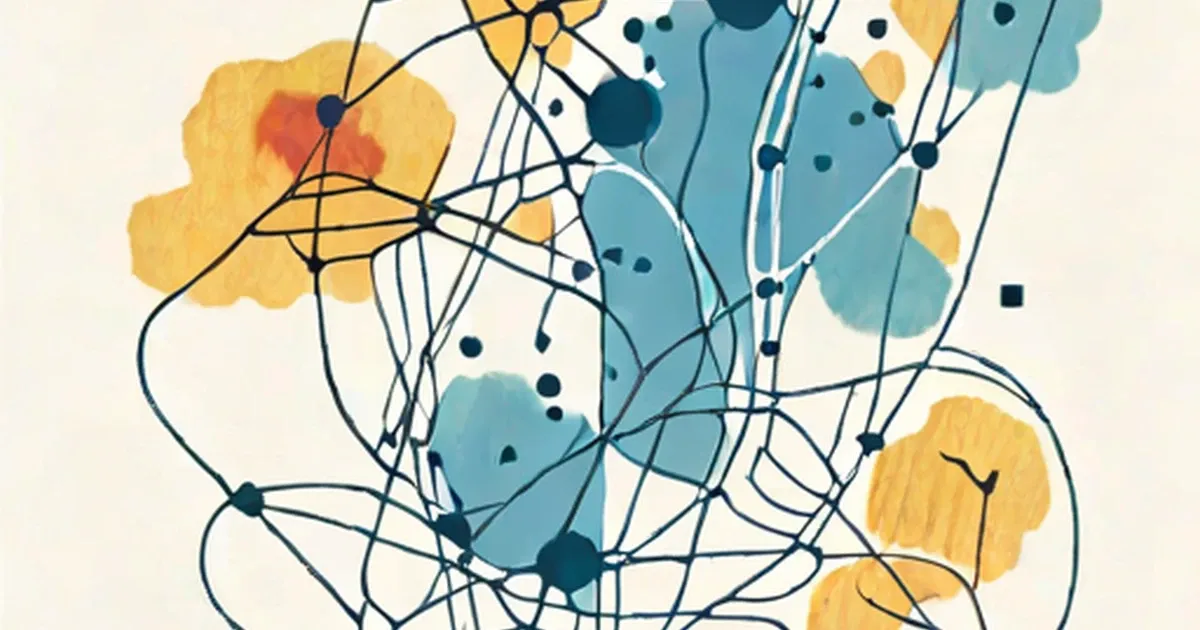 Neural network with yellow and blue connected nodes and an orange-red highlighted region
