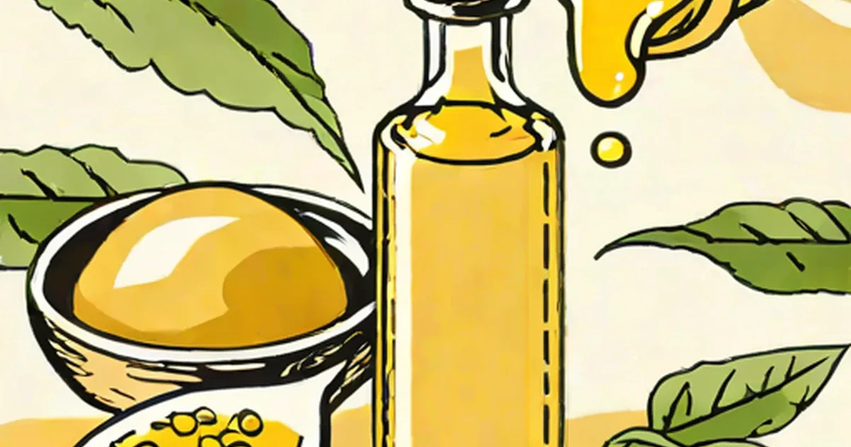 Golden sesame oil in a bottle and bowl with fresh sesame plant leaves