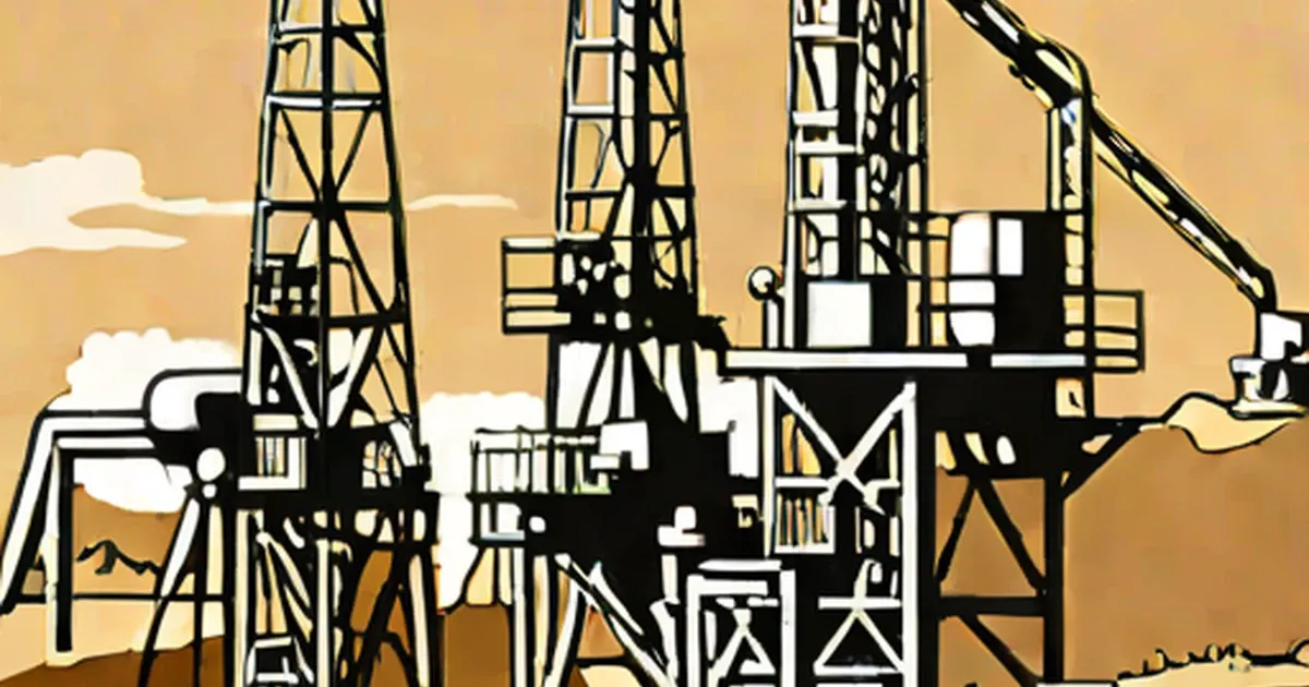 Oil drilling derricks and industrial extraction equipment on an arid landscape