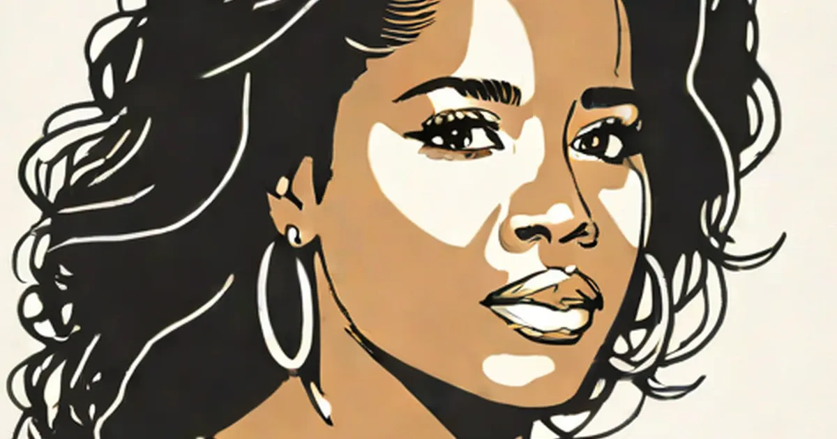 Stylized portrait of a woman with dark wavy hair and large hoop earrings