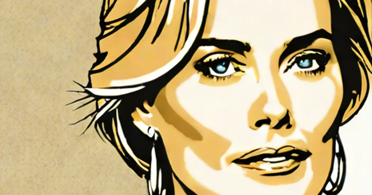 Stylized portrait of Sharon Stone with bold black outlines and golden tones