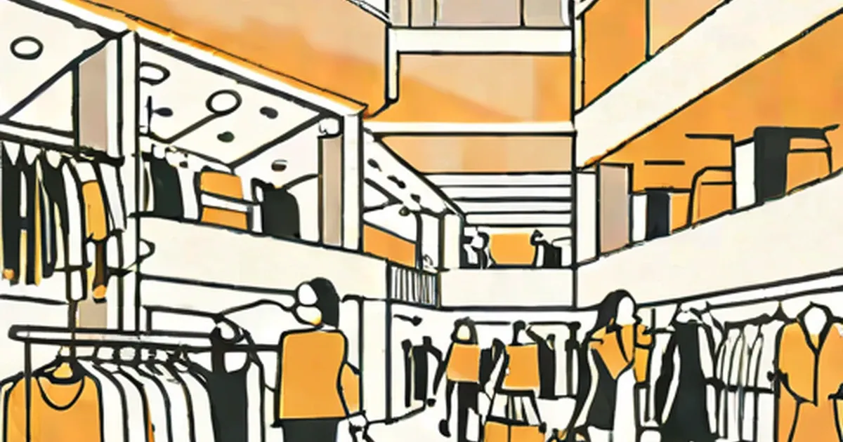 Illustrated shopping mall with multiple levels, retail stores, and customers