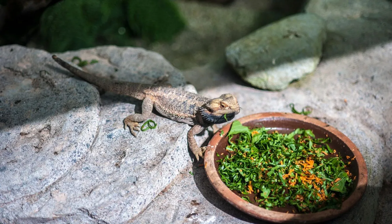 Two lizards feeding from a bowl of greens on a rock ledge