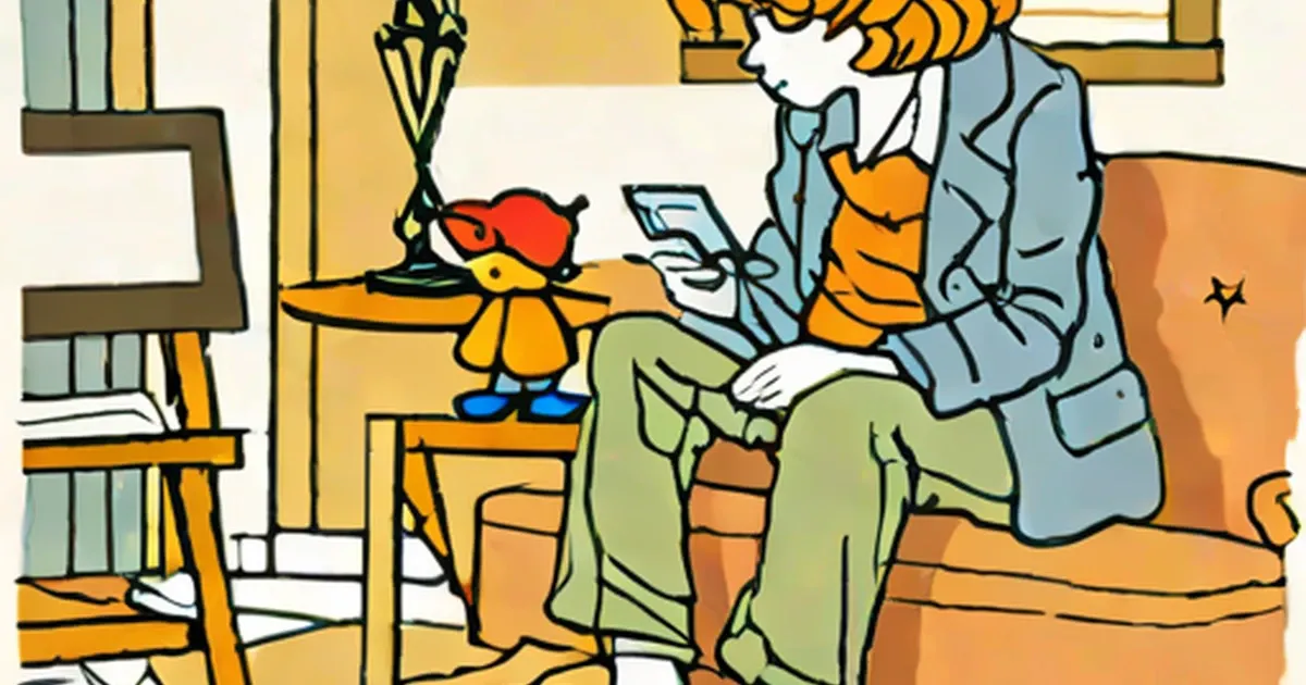 Red-haired creature Pumuckl stands on a small table facing a man sitting on an orange couch