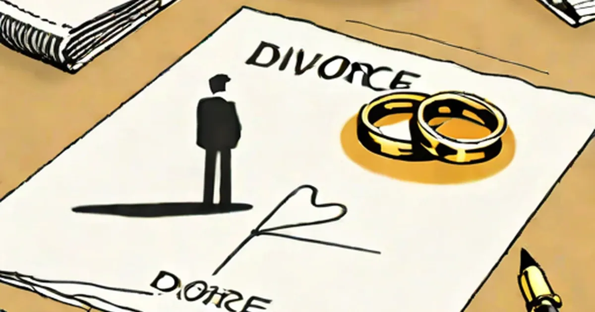 Divorce document with man silhouette and wedding rings
