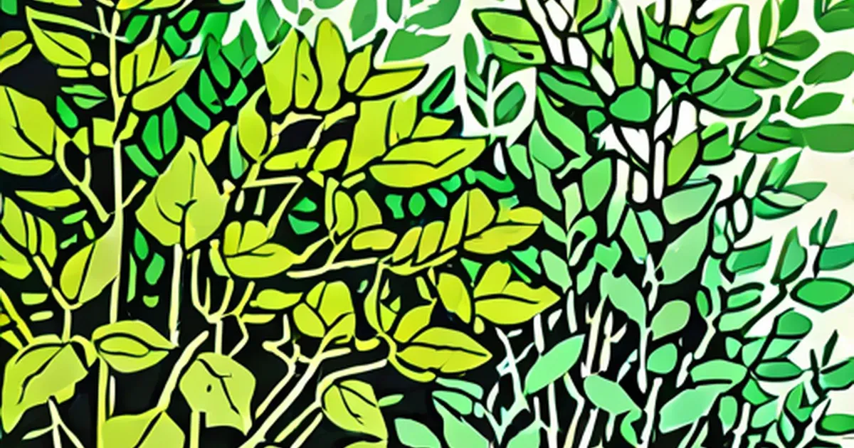 Stylized illustration of shrub branches with layered green and yellow-green leaves
