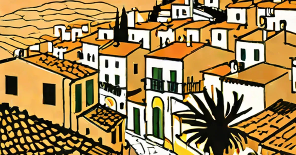 Sicilian hillside village with white buildings, terracotta tile roofs, and dark cypress trees