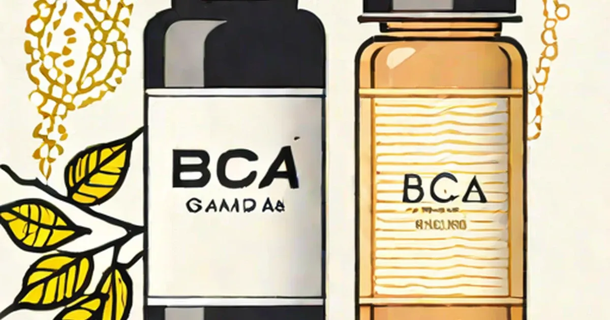 Two BCAA supplement bottles with decorative gold botanical elements