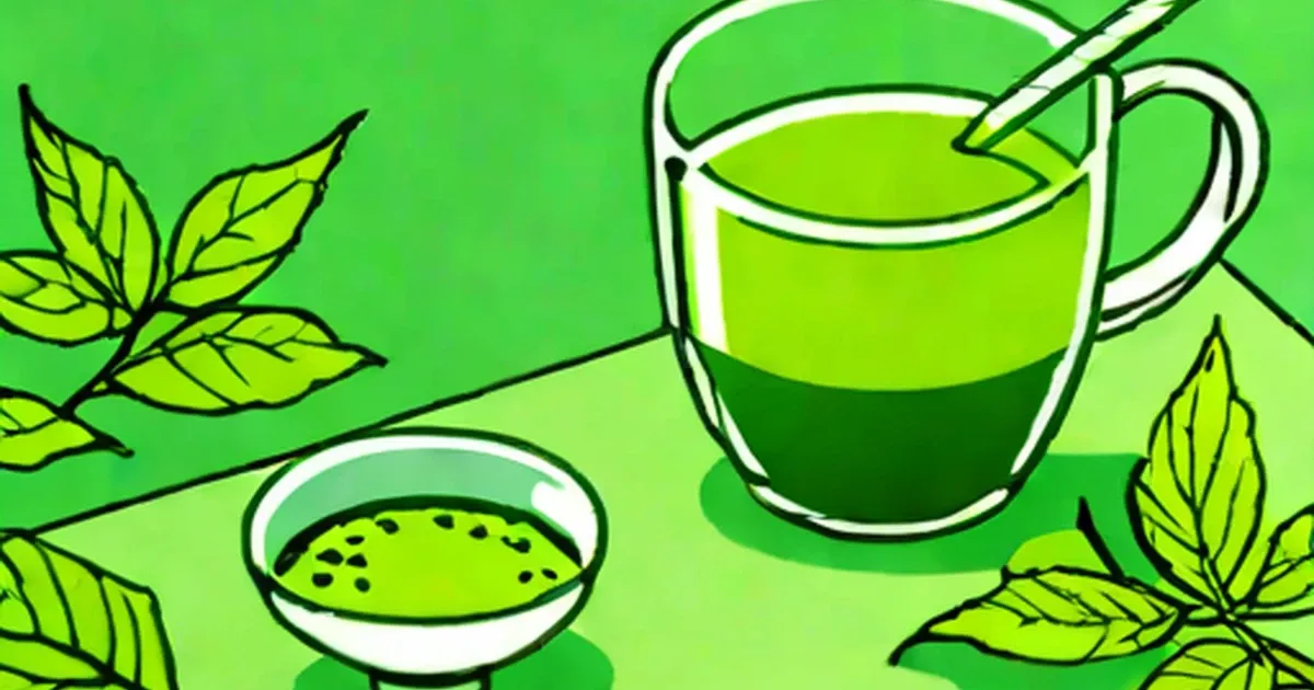 Cup of green tea with a bowl of tea leaves on a bright green background