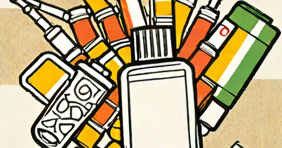 Colorful medicine bottles and packages arranged around a smartphone