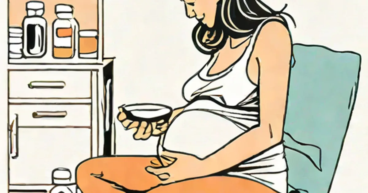 Pregnant woman sitting in a kitchen chair, looking nauseous while holding a bowl