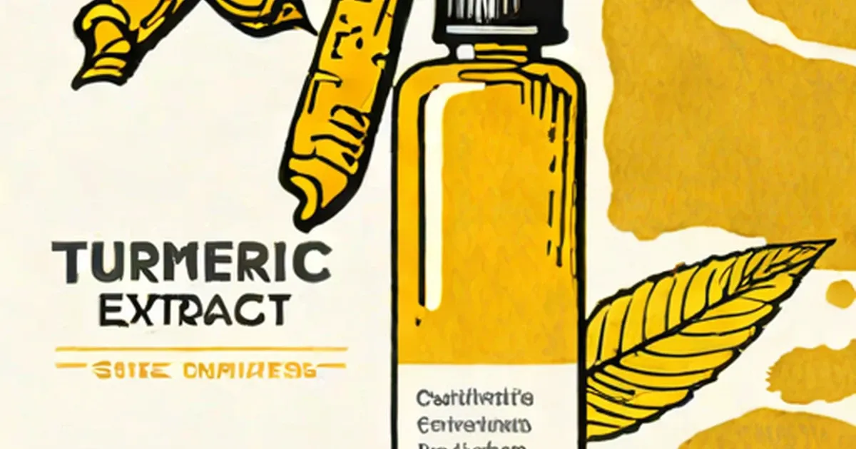 Illustrated bottle of turmeric extract surrounded by yellow turmeric plant imagery