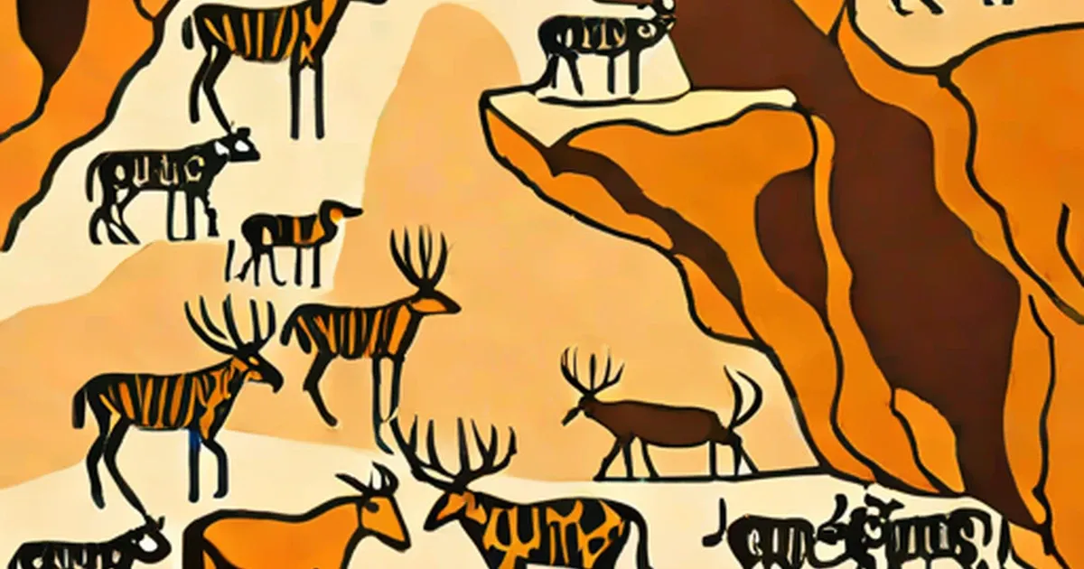 Stylized rock wall painting depicting deer, horses, and bison in earthy tones