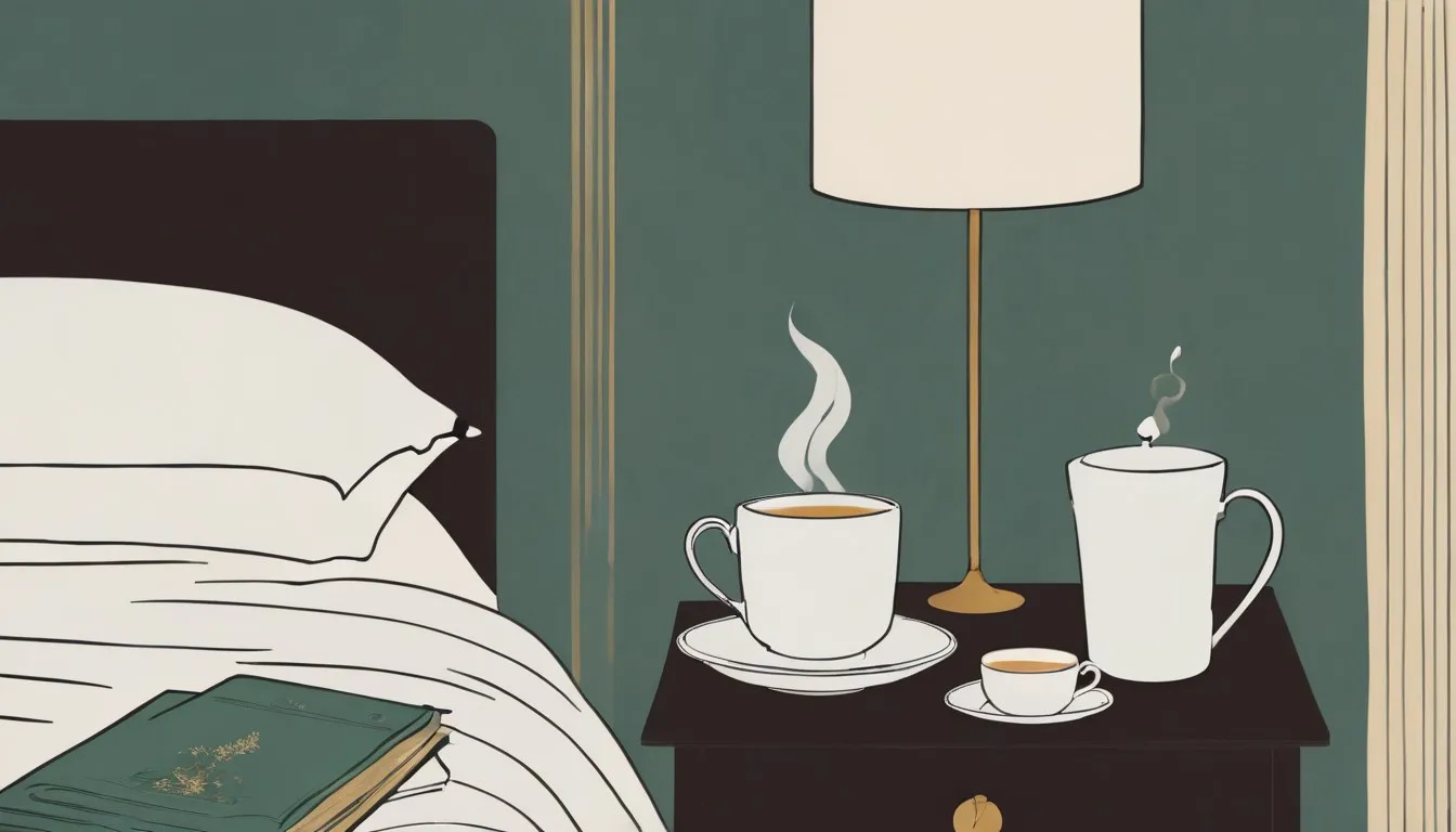 A thermometer, crumpled tissues, and a mug of tea arranged on a bedside table.