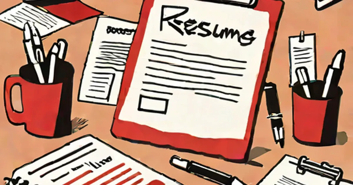 Resume on red clipboard with pens, pencils, and office supplies