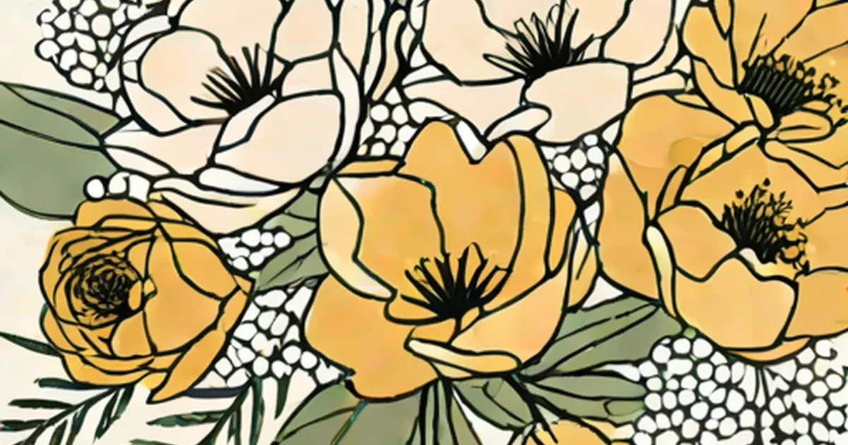 Botanical line drawing with golden roses, white flowers, and berry sprays accented in black and green