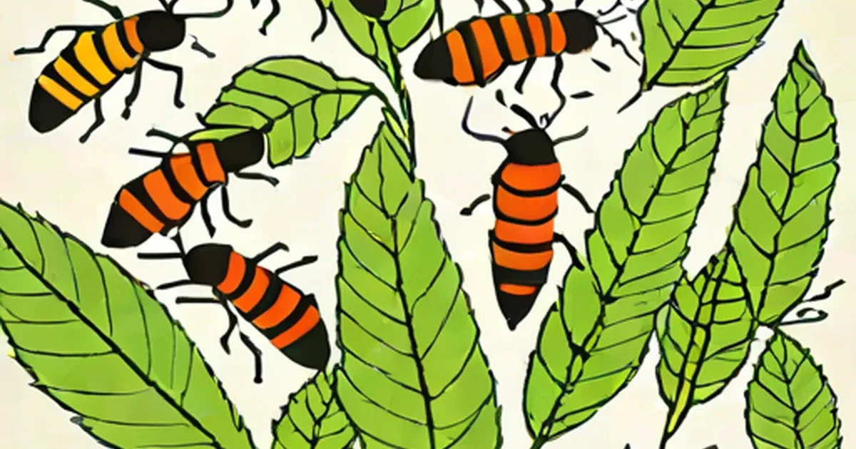 Silkworms with orange and black striped bodies on green leaves