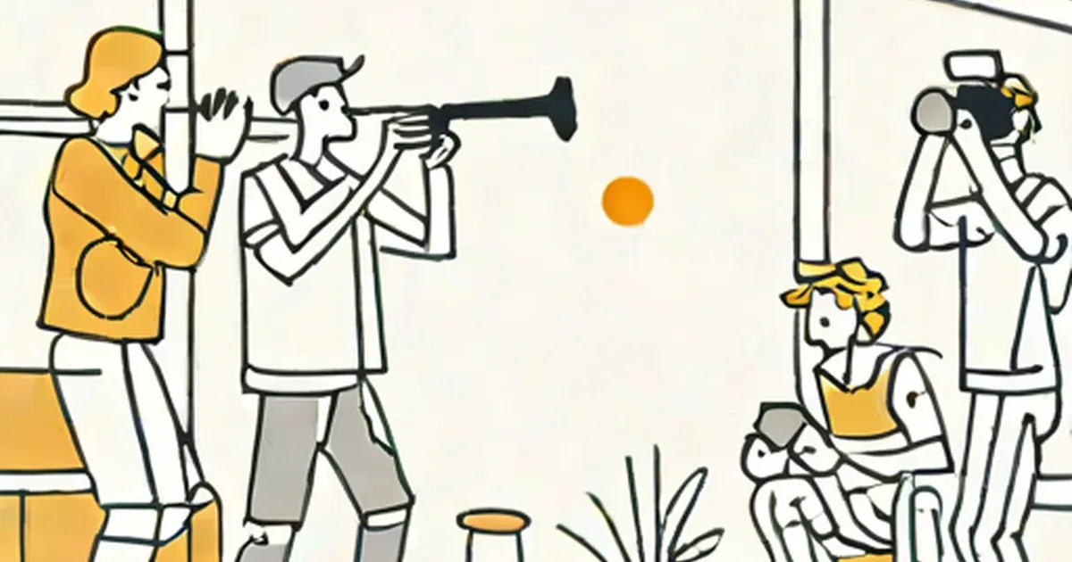 Cartoon people with megaphones and cameras performing absurd recreational activities
