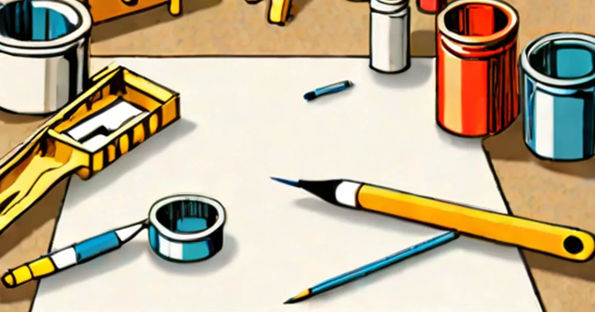 Paint cans, brushes, tape and tools arranged on a wooden surface