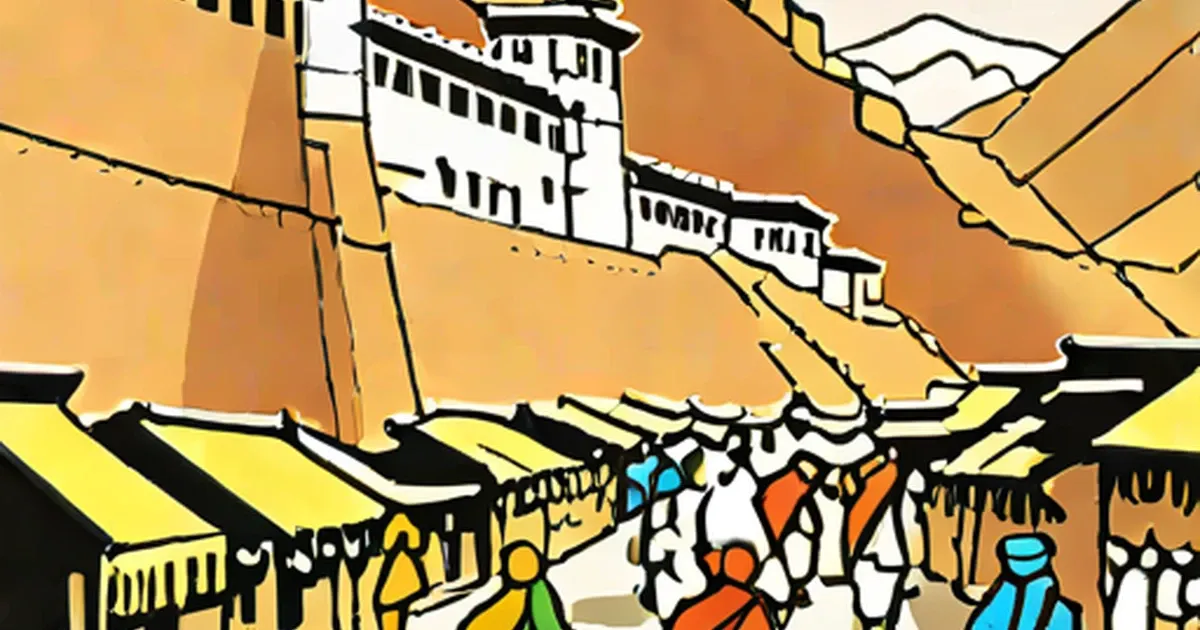 Gathered crowd at a white-walled fort structure in mountainous terrain