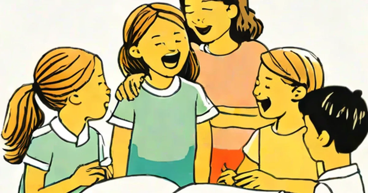 Four children singing together with joyful expressions
