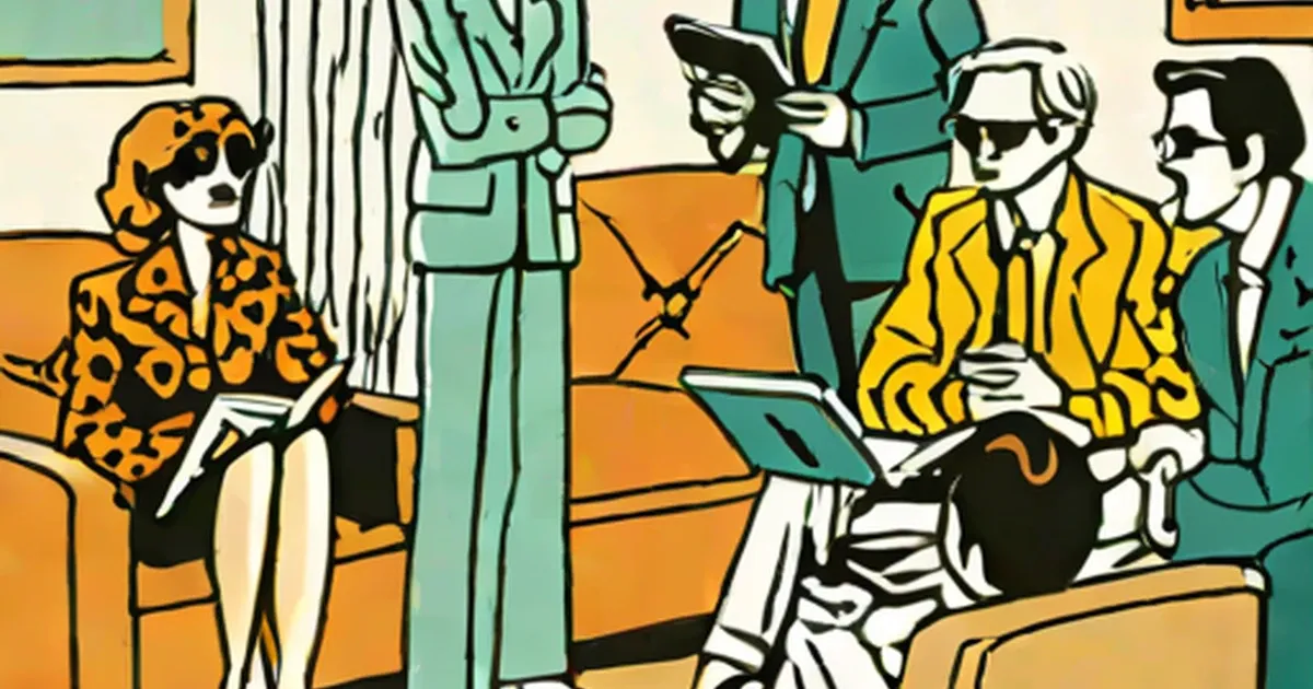 Retro illustration of people in 1970s-style clothing and furnishings