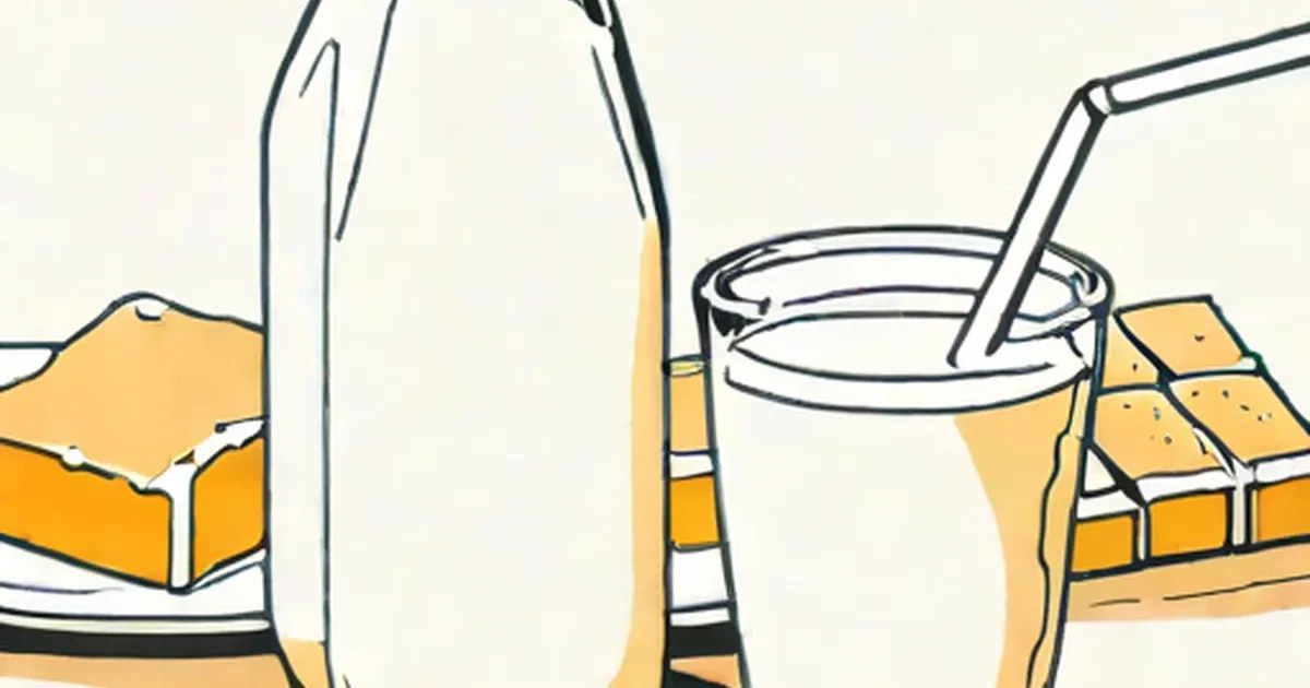 Two milk bottles, a glass of milk, and cheese slices