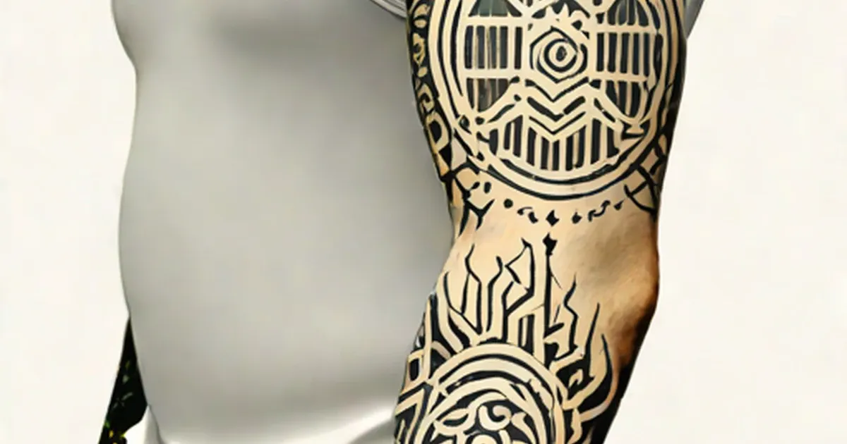 Black geometric tribal sleeve tattoo covering the shoulder and arm