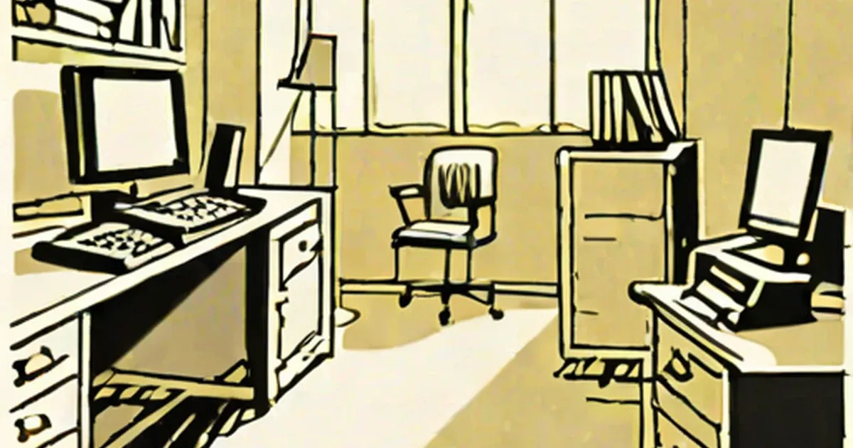 Retro-style illustration of an office with desktop slide scanners and computer monitors