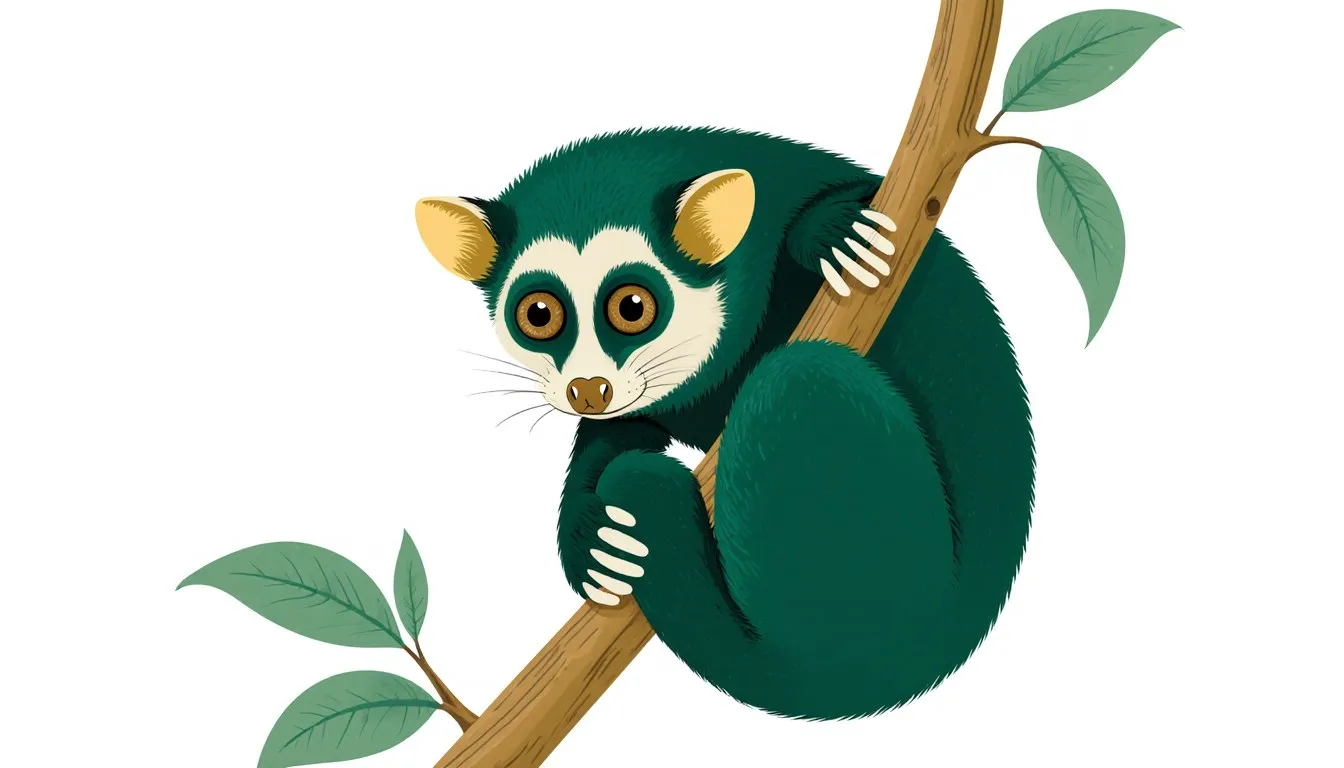A slow loris with large round eyes clings to a tree branch with both hands