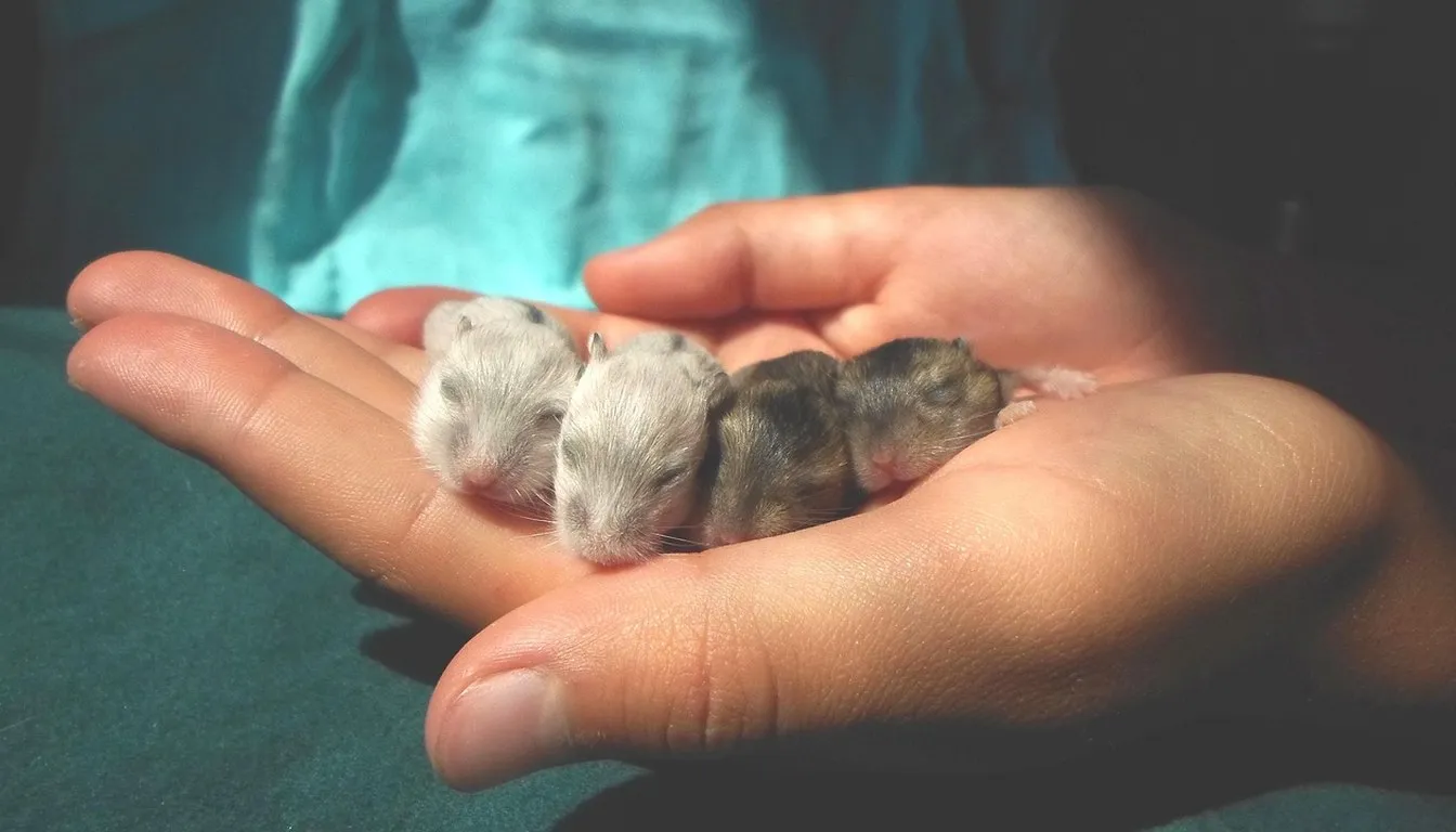 Sleeping baby hamsters cupped in a child's hand