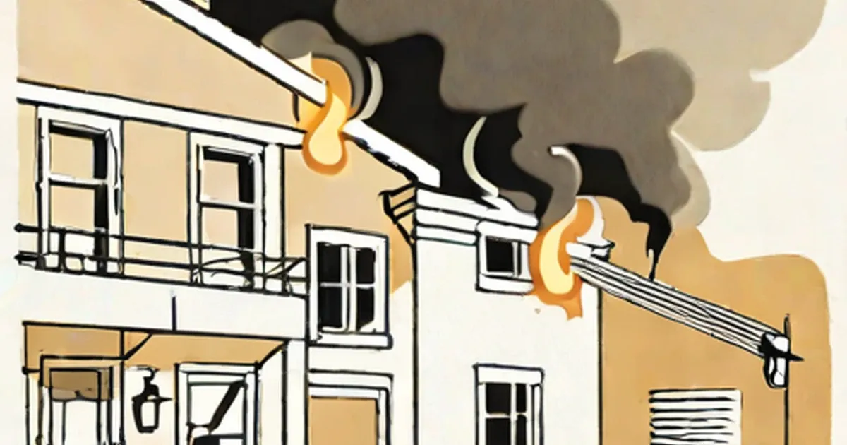 House with orange flames and gray smoke coming from roof and windows