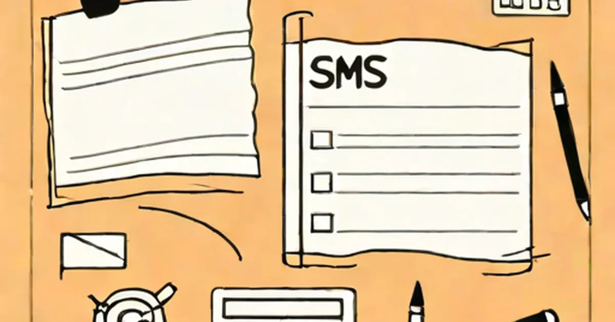Notepad labeled SMS with checkboxes and pen on orange background