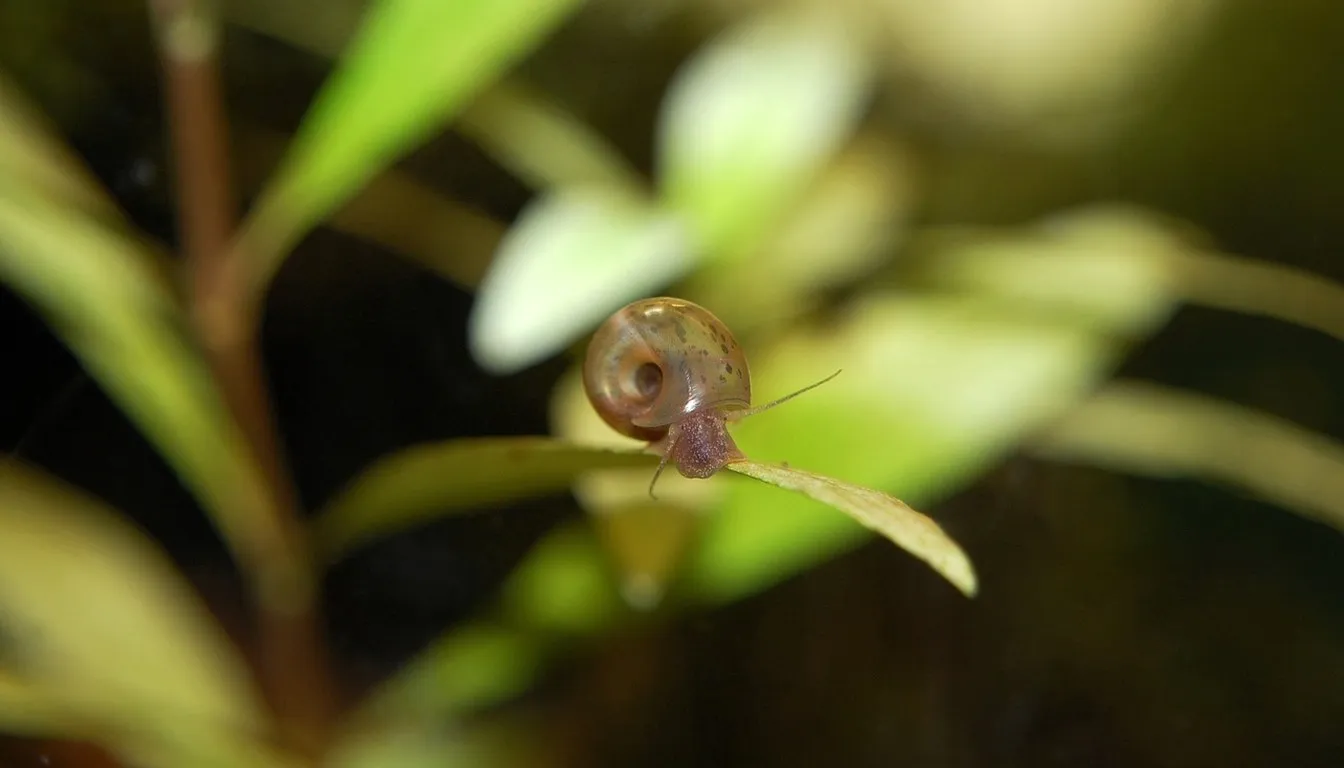 A small aquatic snail climbing a plant stem