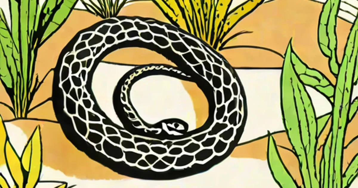 Illustrated black and white coiled snake among green plants