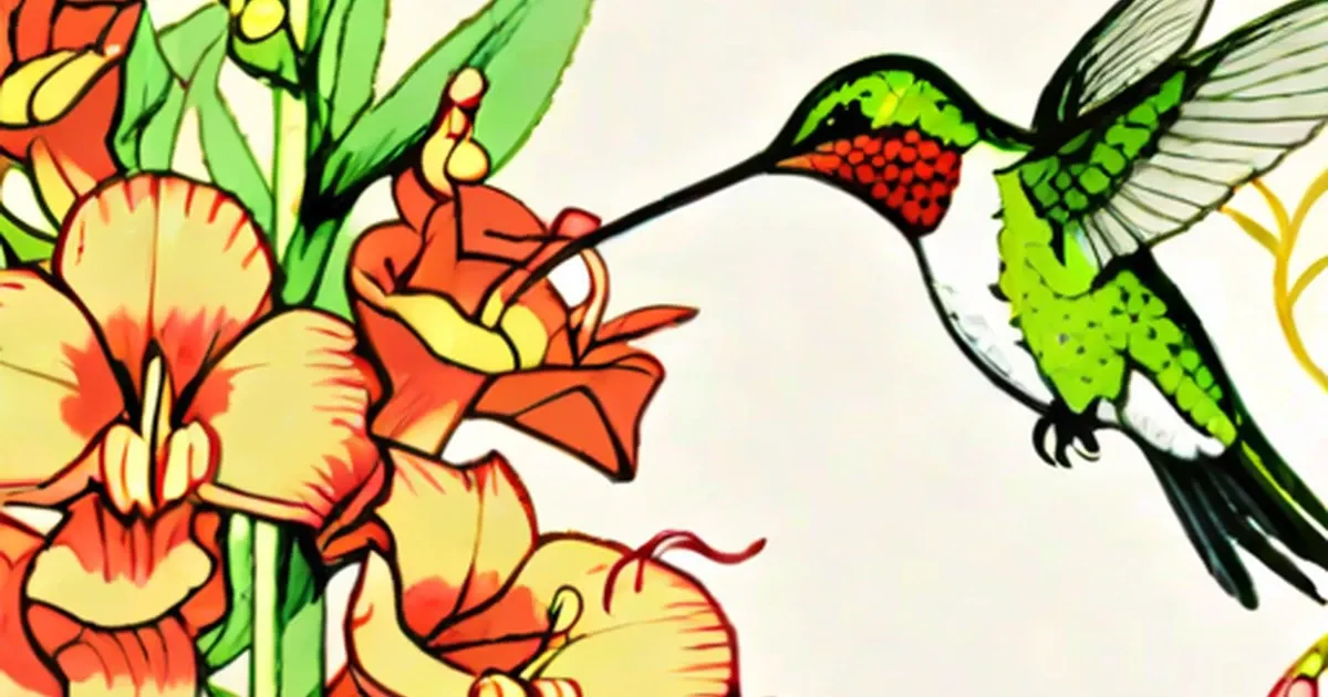 Hummingbird hovering near red and yellow snapdragon flowers