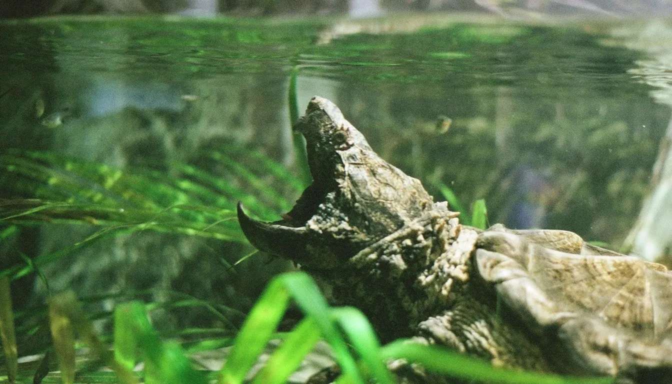 An alligator snapping turtle resting underwater among grasses