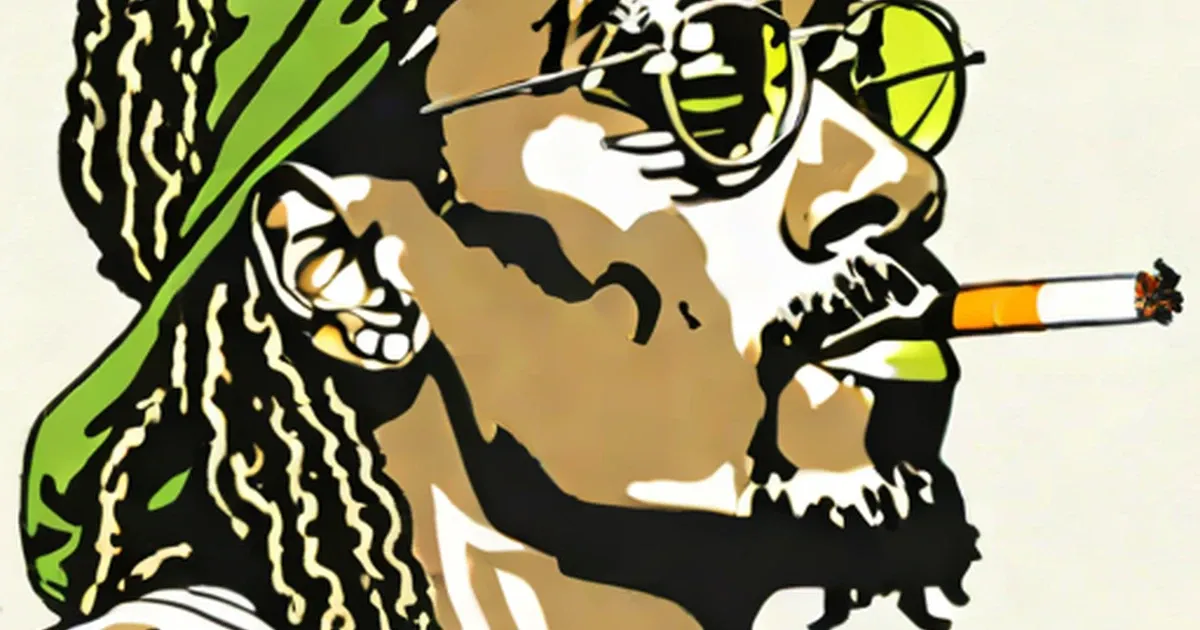 Snoop Dogg wearing sunglasses and dreadlocks, smoking a cigarette