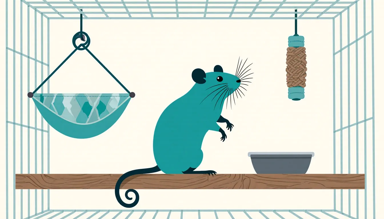 A pet rat on a wooden ledge inside its cage, surrounded by a hammock, chew toy, and food dish