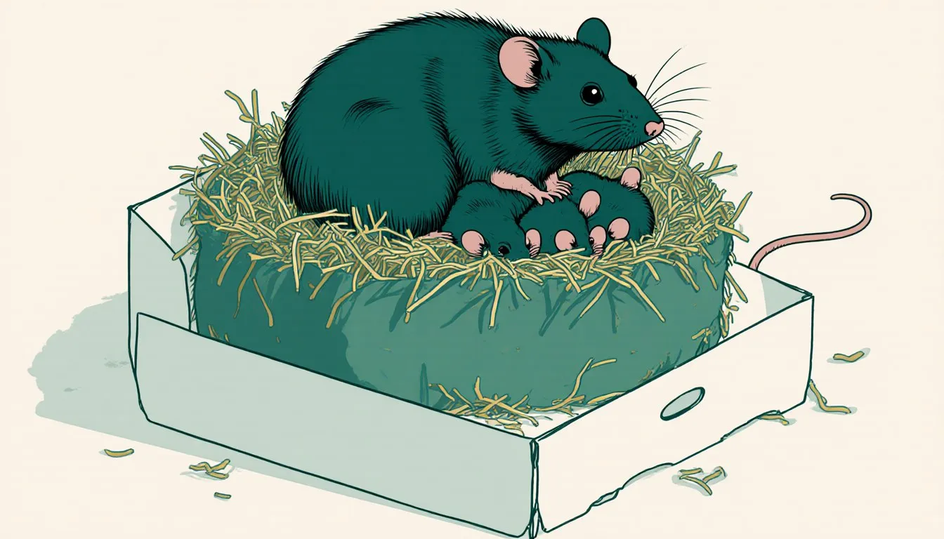 A mother rat curled around her newborn pups in a soft nest inside a birthing cage