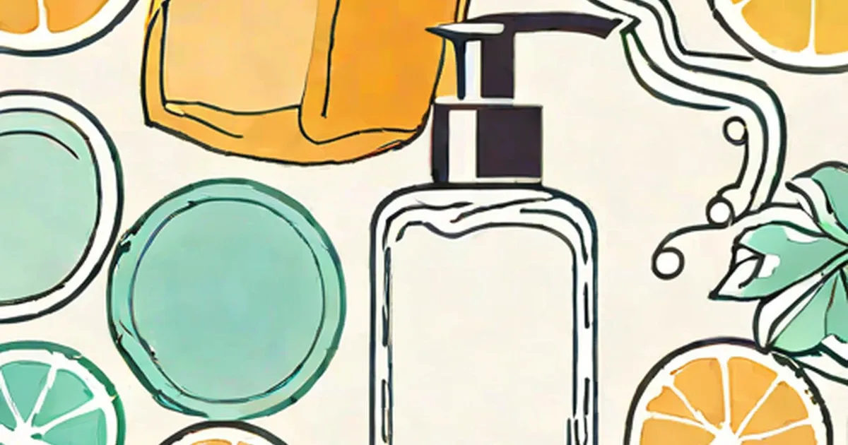 Pump soap bottle surrounded by limes, lemons, and mint