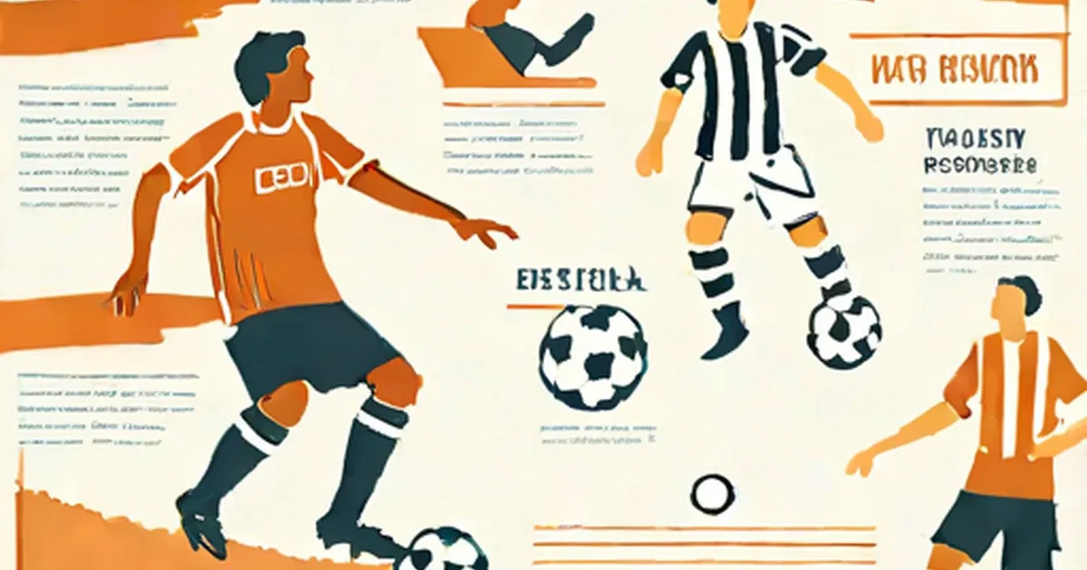 Illustrated soccer players in orange and navy jerseys with soccer balls