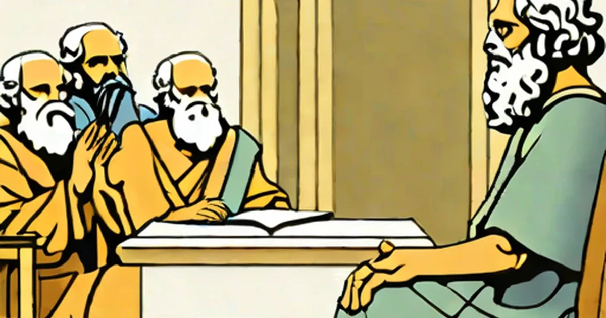 Socrates in discussion with three bearded philosophers
