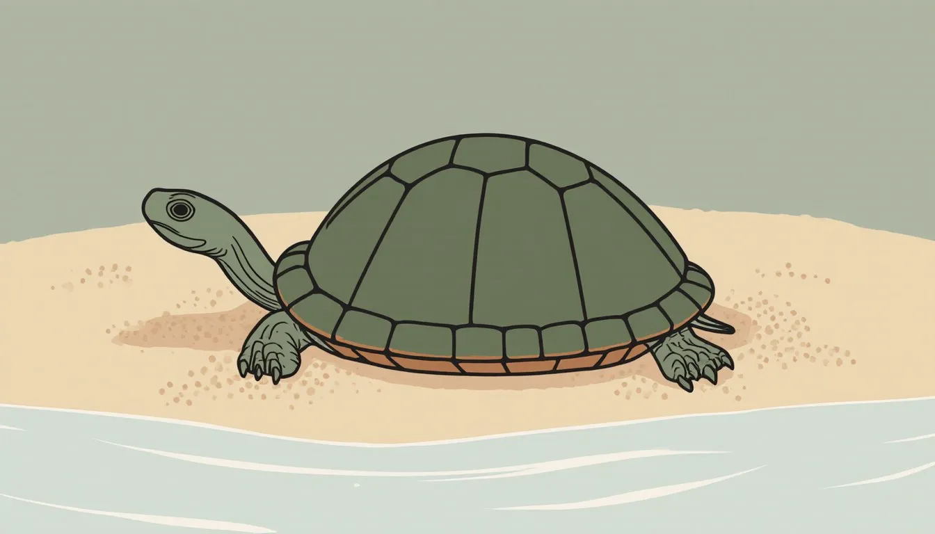 A softshell turtle with its flat leathery shell and long pointed snout resting on a sandy riverbank